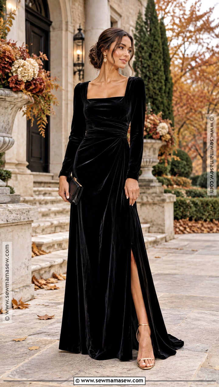 Black Velvet Long Sleeve Bridesmaid Dress With Gold Heels - 15 fall black bridesmaid dresses