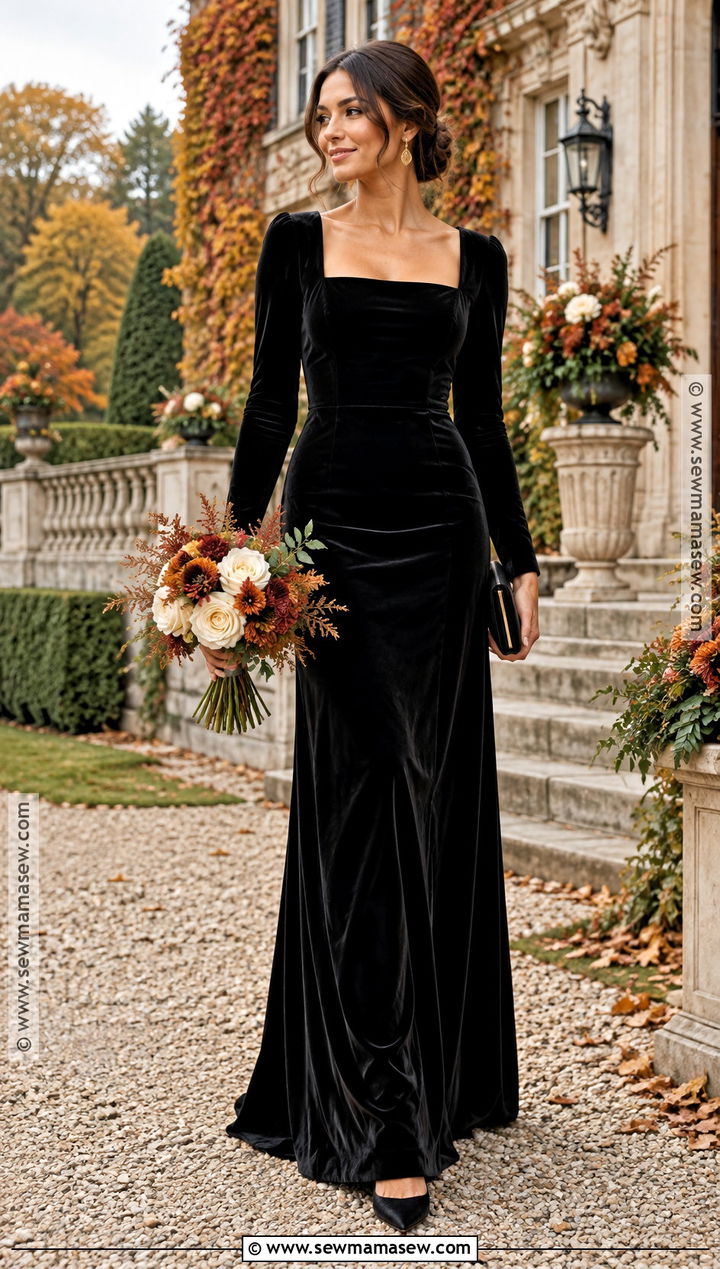 Black Velvet Long Sleeve Bridesmaid Dress - 15 black bridesmaid dresses fall wedding
