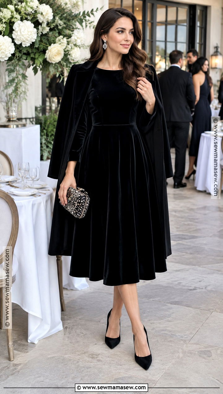 Black Velvet Midi Dress Fall Wedding Guest Outfit - 20 fall formal wedding guest attire ideas