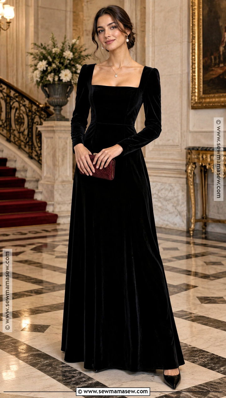 Black Velvet Square Neck Dress - 25 black tie wedding guest dress fall ideas