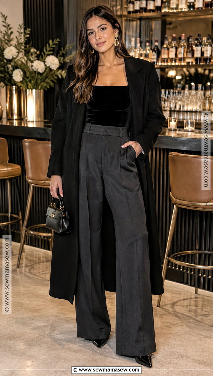 Black Velvet Top And Wide Leg Trousers Outfit - 20 Fall Engagement Party Outfit Guest Ideas