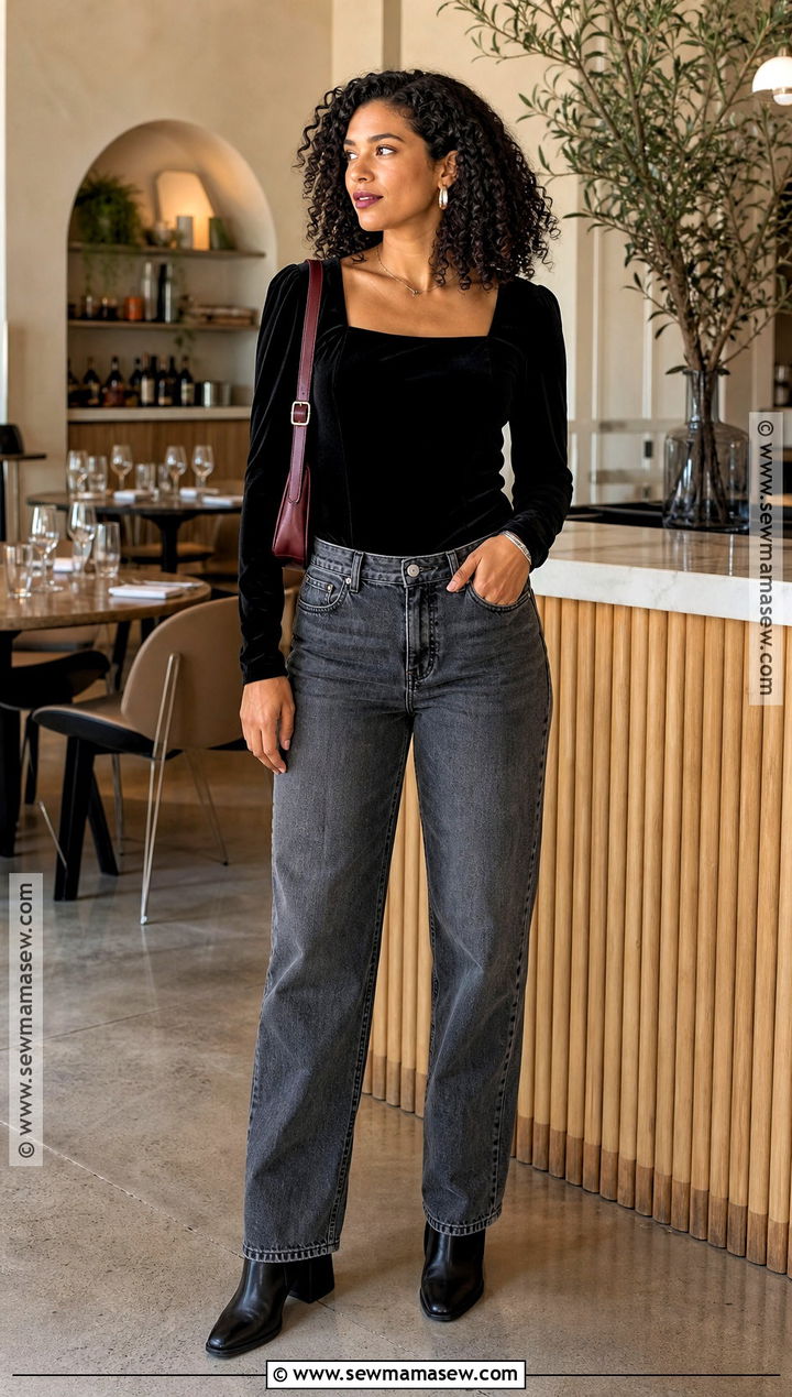 Black Velvet Top Halloween Outfit With Straight Jeans - 30 Halloween Casual Outfits