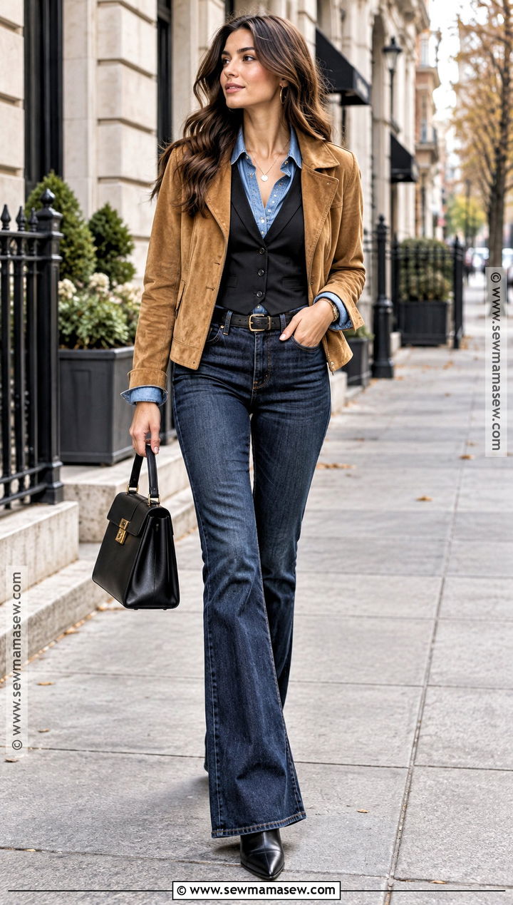 Black Vest With Denim Shirt and Flare Jeans - 15 Black Vest Fall Outfits for Women