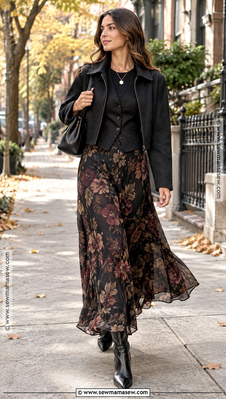 Black Vest With Maxi Skirt and Ankle Boots - 15 Black Vest Fall Outfits for Women