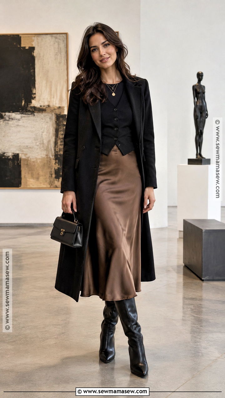 Black Vest With Satin Skirt and Knee High Boots - 15 Black Vest Fall Outfits for Women
