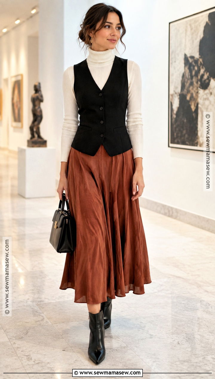 Black Vest With Turtleneck And Midi Skirt - 20 autumn vest outfit ideas