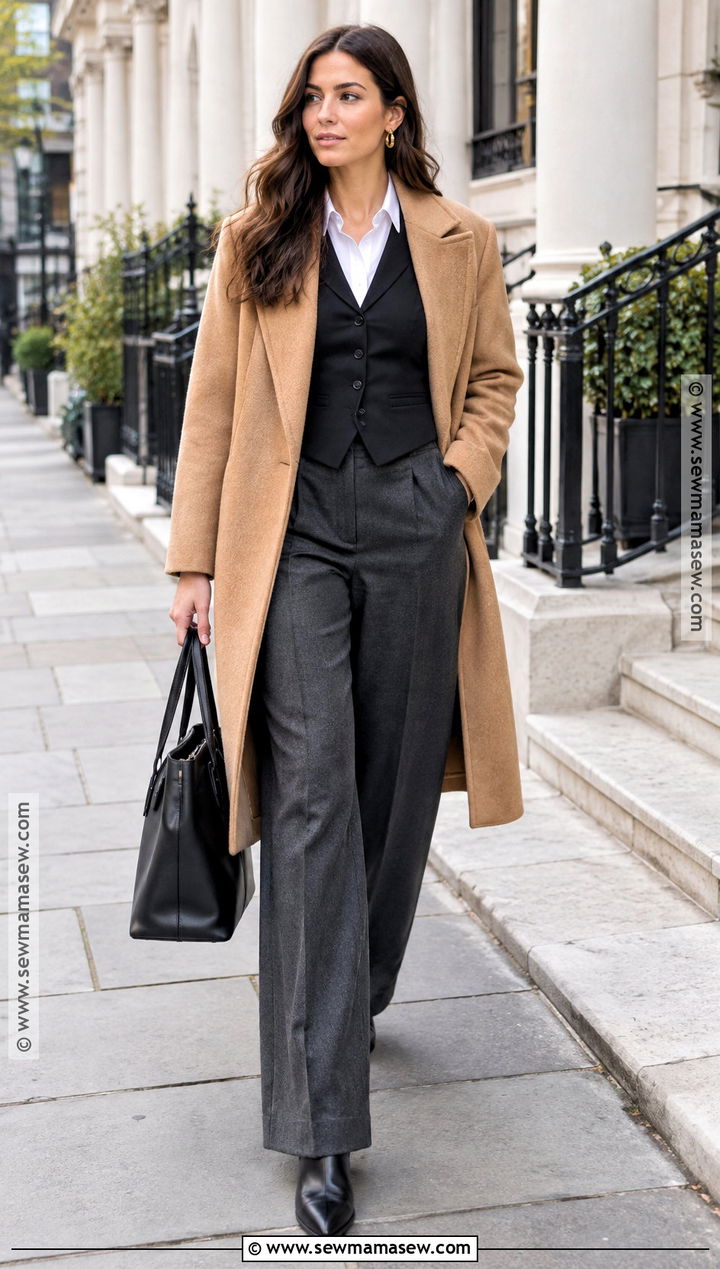 Black Vest With White Button Down and Wide Leg Trousers - 15 Black Vest Fall Outfits for Women