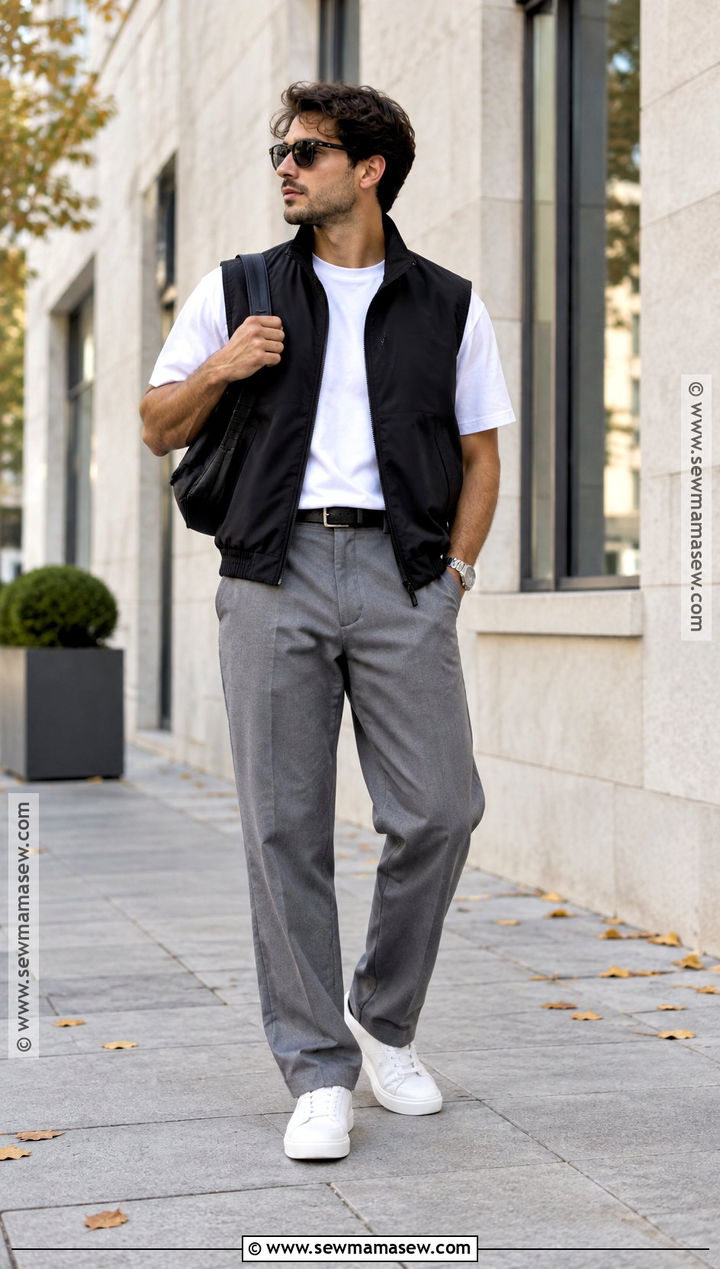 Black Vest With White T Shirt and Gray Trousers - 15 Mens Fall Vest Outfit Ideas