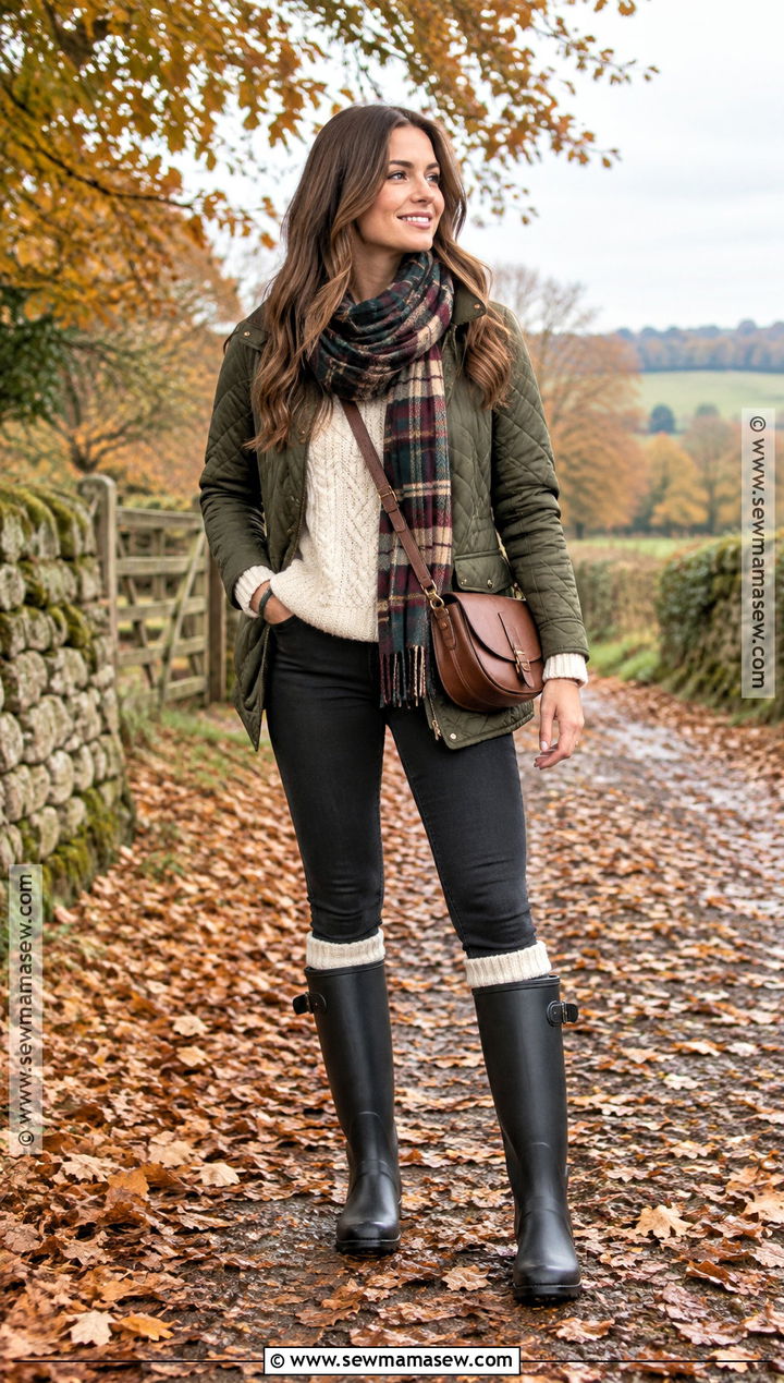 Black Wellies With Skinny Jeans And Quilted Jacket - 15 wellies outfit autumn ideas