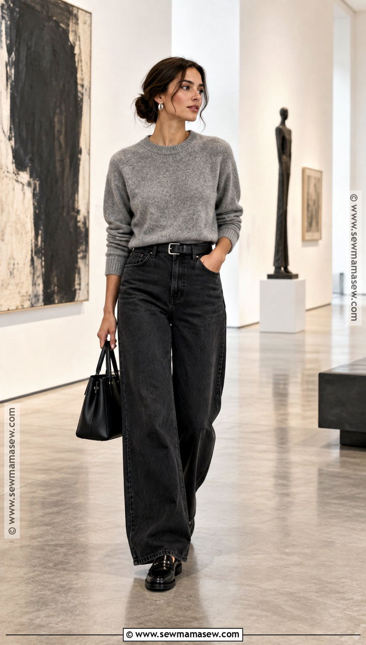 Black Wide Leg Jeans With Gray Knit And Loafers - 25 wide leg jeans outfit autumn