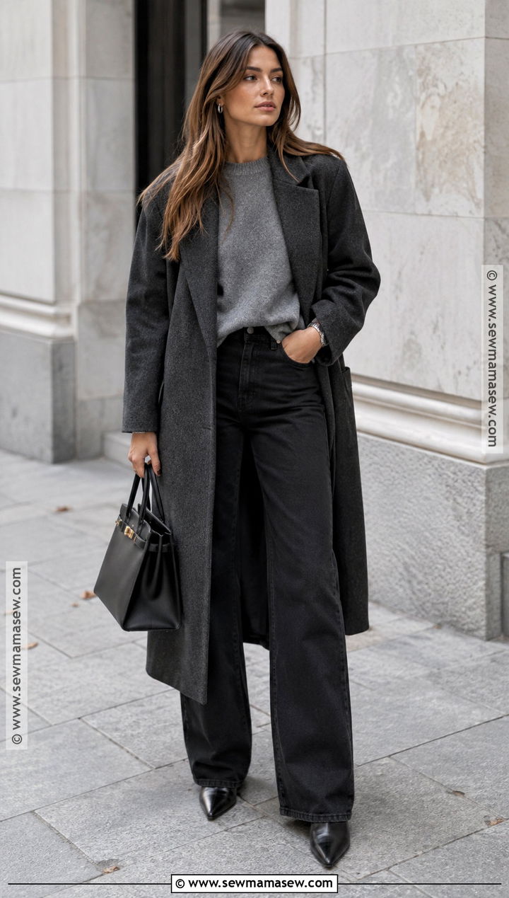 Black Wide Leg Jeans With Gray Sweater And Boots - 20 wide leg jeans fall outfit