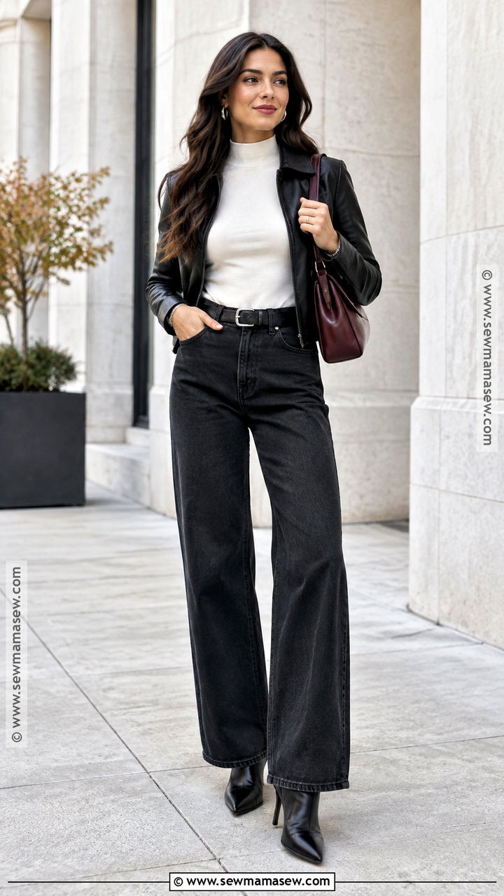 Black Wide Leg Jeans With Leather Jacket And Boots - 20 wide leg jeans outfit ideas fall