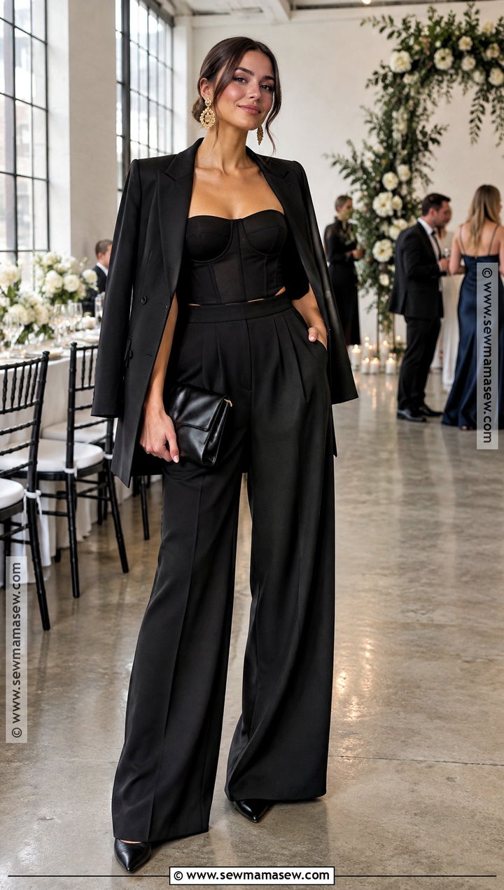Black Wide Leg Pants And Corset Top Outfit - 15 all black wedding guest outfit fall ideas