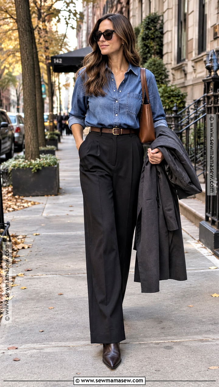 Black Wide Leg Pants With Denim Shirt And Boots - 20 black pants outfit autumn