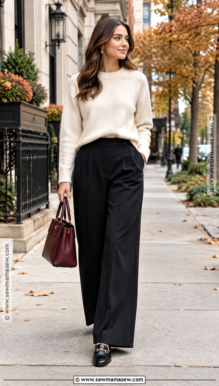 Black Wide Leg Pants With Ivory Sweater - 20 black pants outfit fall