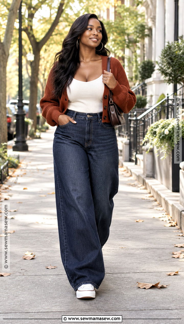 Black Women Fall Cardigan And Wide Leg Jeans Outfit - 25 fall fits for black women