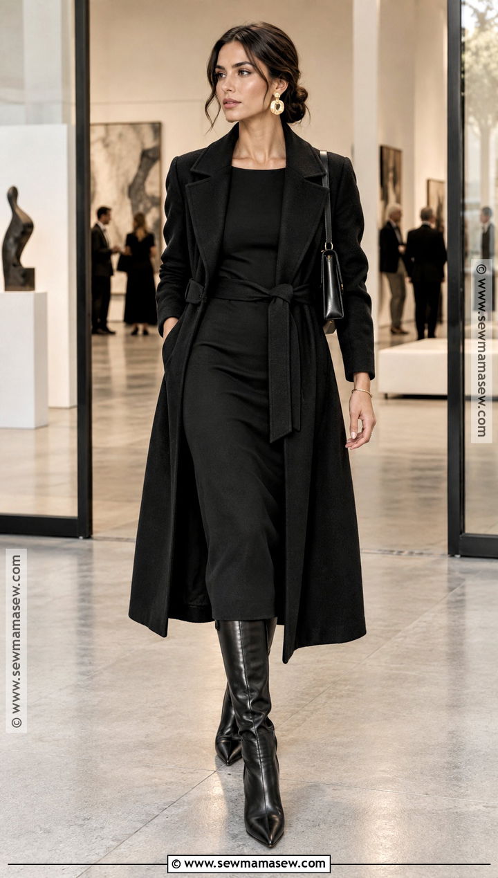 Black Wool Coat And Column Dress Outfit - 25 black autumn outfit ideas