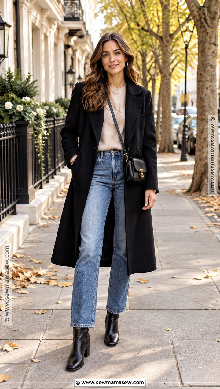 Black Wool Coat With Straight Leg Jeans - 20 black coat autumn outfit ideas