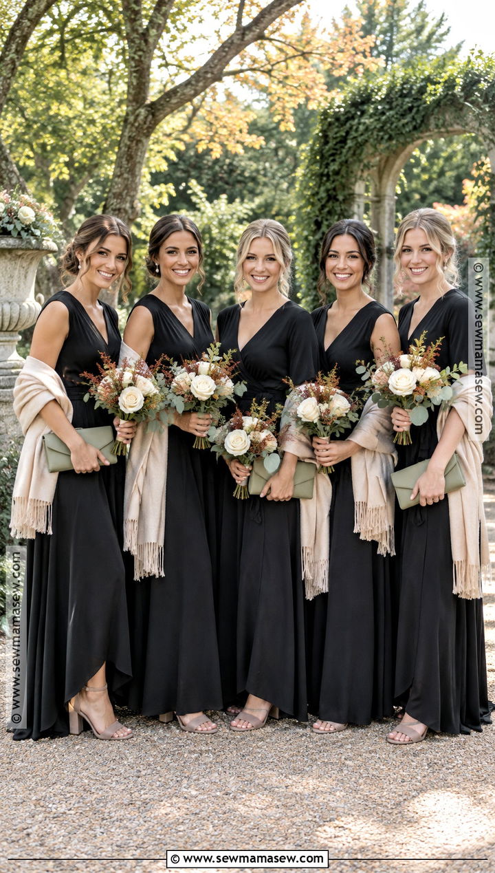 Black Wrap Bridesmaid Dress With Sage Greenery - 15 Fall Wedding With Black Bridesmaid Dresses