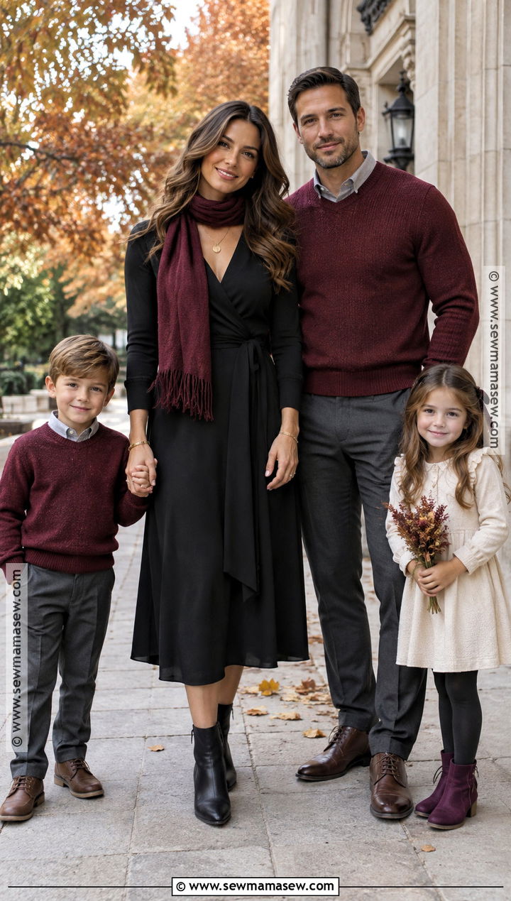 Black Wrap Dress With Burgundy Family Outfits - 15 Black Dress Fall Photoshoot Ideas for Family