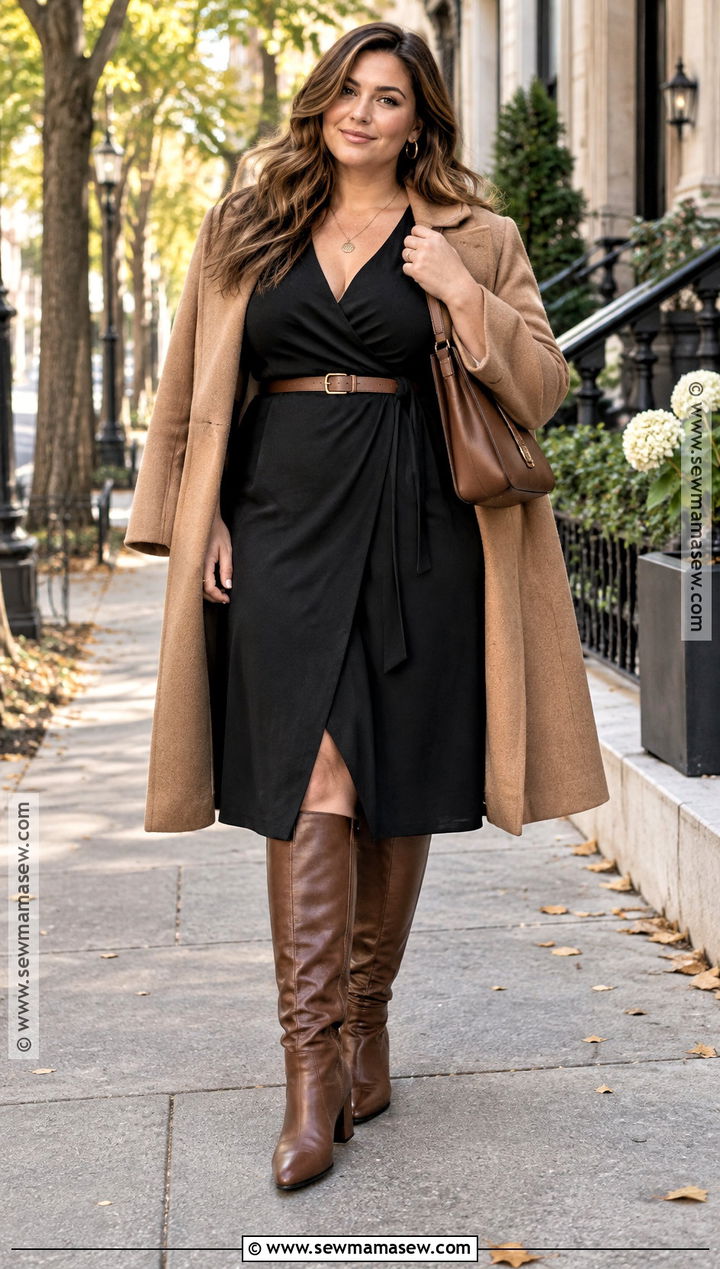 Black Wrap Dress With Tall Brown Boots - 20 black dress autumn outfit ideas