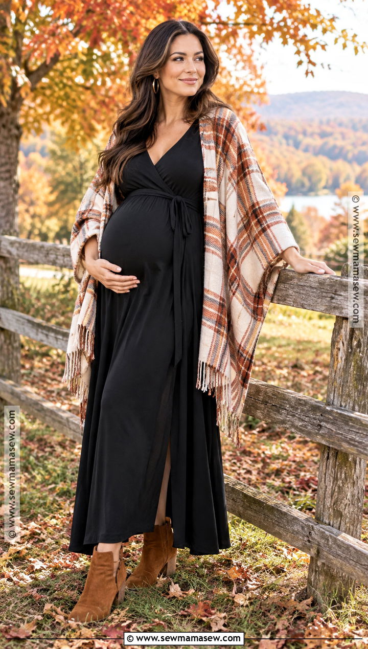 Black Wrap Maternity Dress With Plaid Shawl - 15 black dress fall maternity pictures ideas