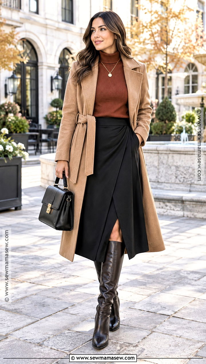 Black Wrap Skirt With Mock Neck Top And Tall Boots - 20 black skirt autumn outfit ideas