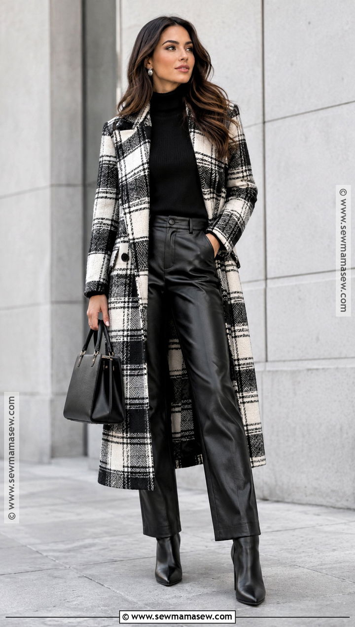 Black and White Plaid Coat With Leather Pants - 15 plaid fall coat ideas