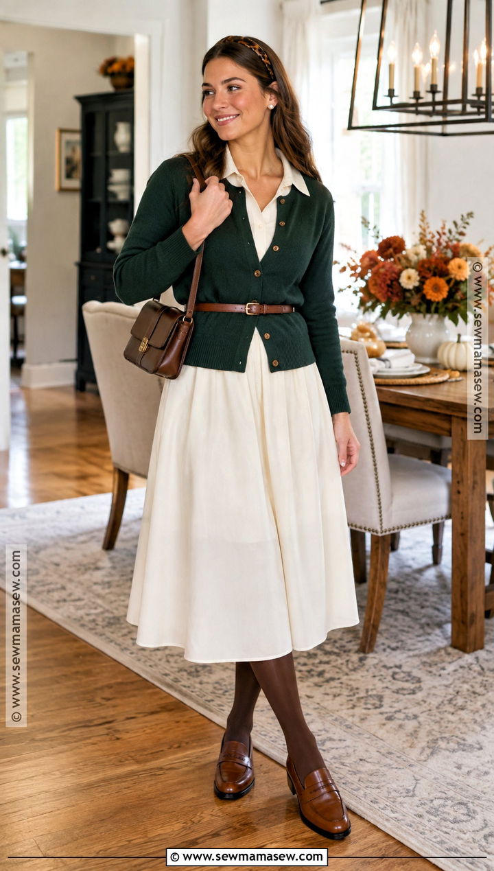 Blair Thanksgiving Green Cardigan And Collared Dress Outfit - 20 blair thanksgiving outfit ideas