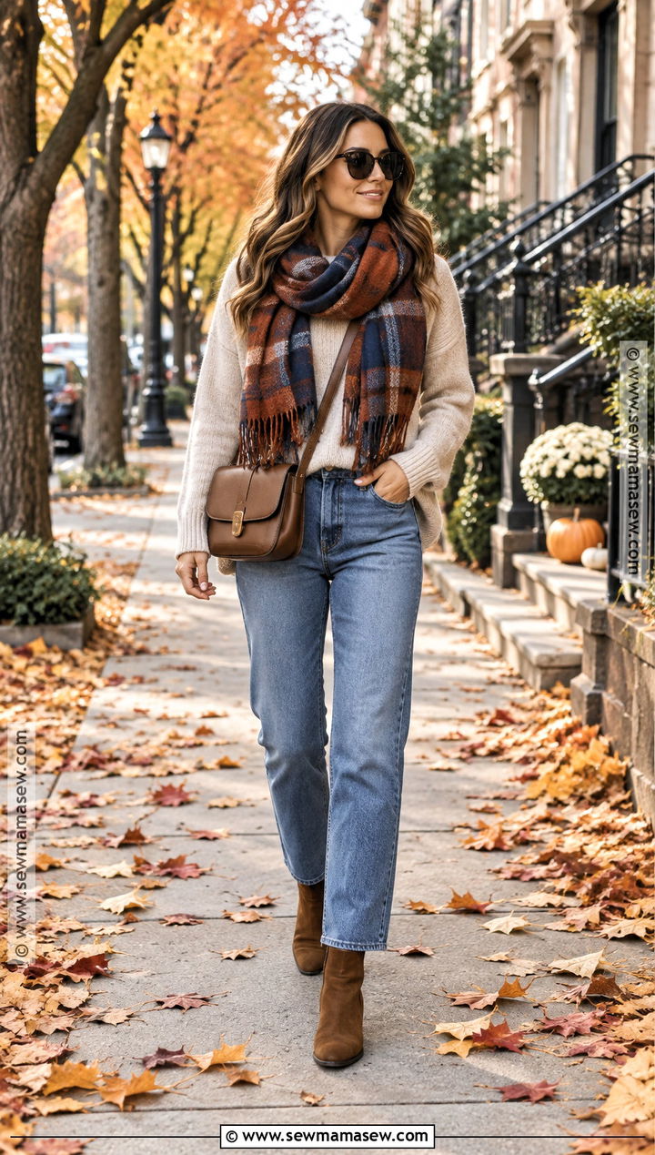 Blanket Scarf With Sweater Jeans And Ankle Boots - 20 autumn scarf outfit ideas