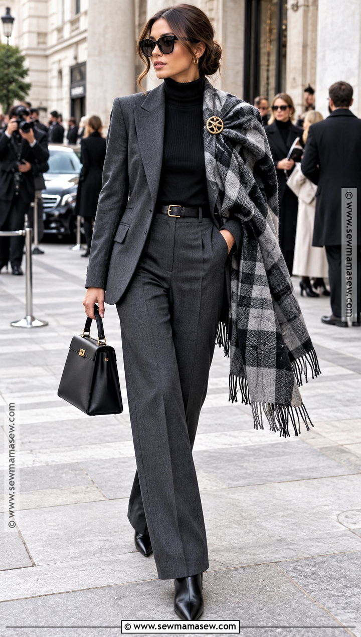 Blanket Scarf and Tailored Suit Outfit - 15 Fashion Week Fall Winter Ideas 2026
