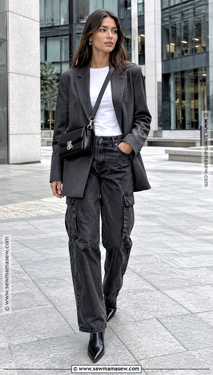 Blazer And Cargo Jeans Streetwear Outfit - 20 Streetwear Fashion Women Fall Ideas