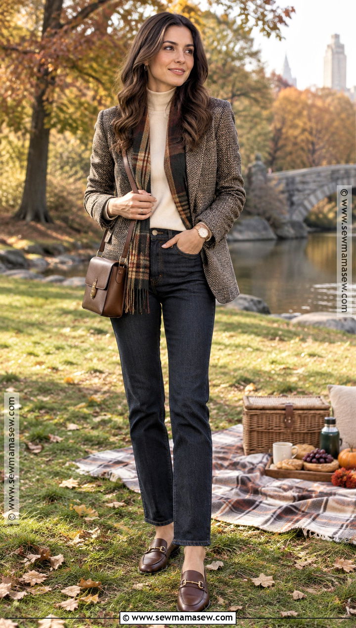 Blazer And Dark Jeans Fall Picnic Outfit - 25 fall picnic outfit ideas