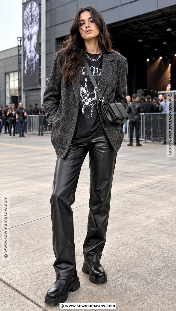 Blazer And Faux Leather Pants Concert Outfit - 20 outdoor concert outfit fall ideas
