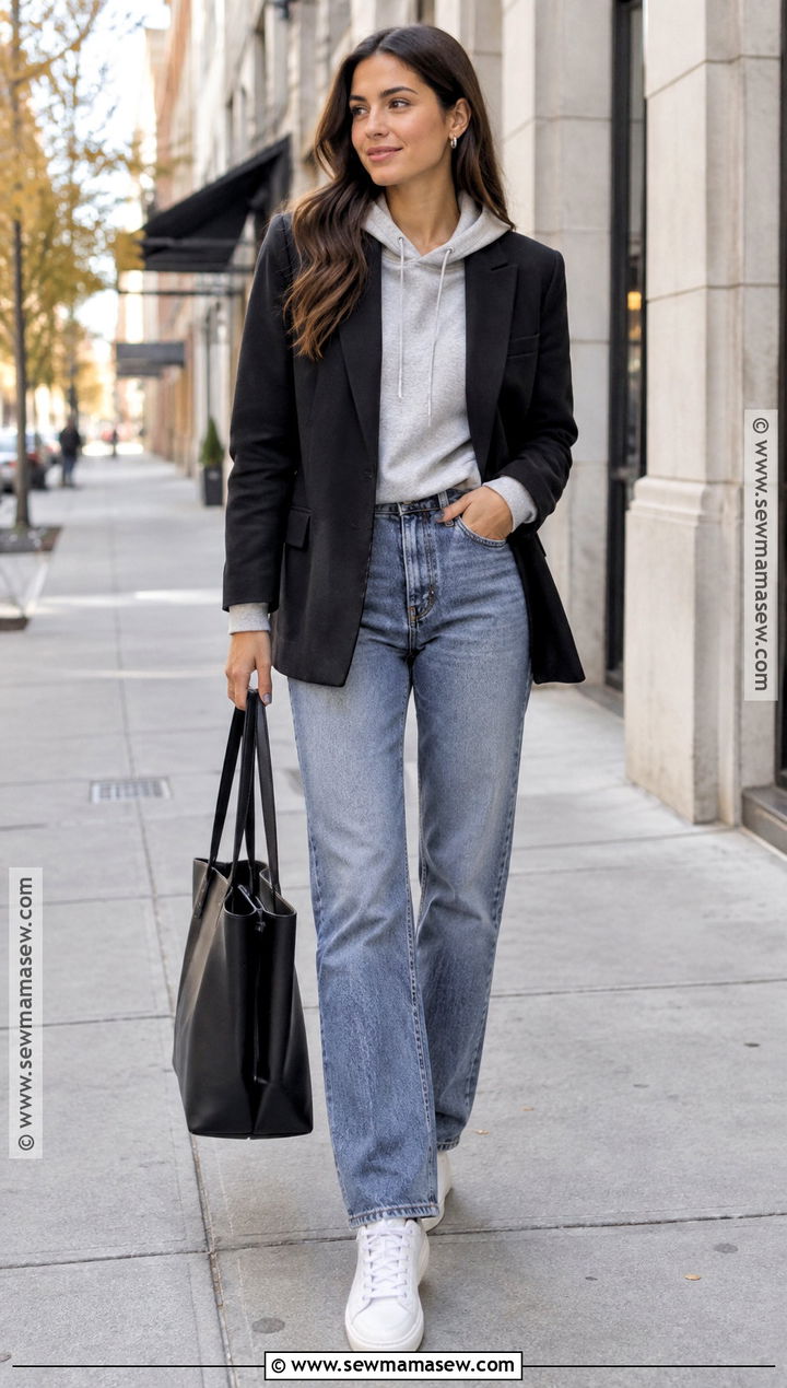 Blazer And Hoodie With Jeans Fall Outfit - 30 cozy fall outfits