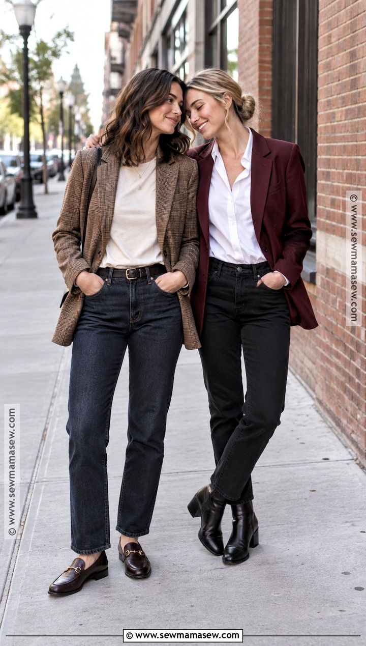 Blazer And Jeans Fall Couple Outfit - 15 Lesbian Couple Photoshoot Outfits Fall