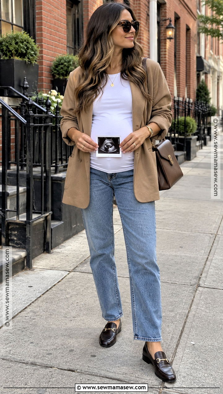 Blazer And Maternity Jeans Pregnancy Announcement Outfit - 20 Fall Pregnancy Announcement Outfit Ideas