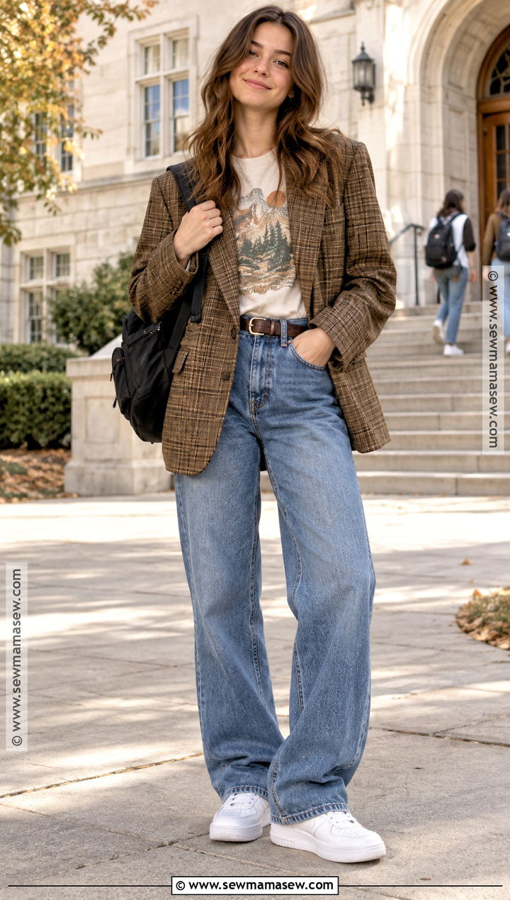 Blazer And Relaxed Jeans Fall School Outfit - 20 cute fall school outfits