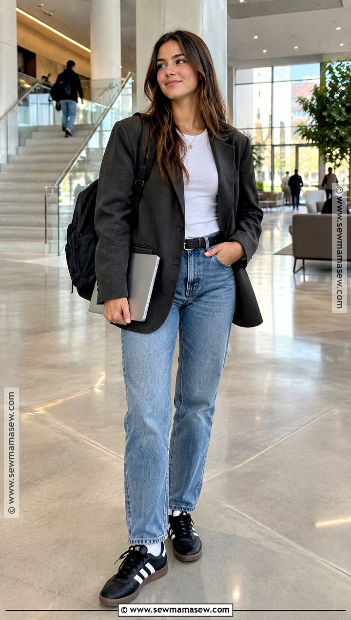 Blazer And Relaxed Jeans With Sambas - 20 Back To School Outfits Sambas