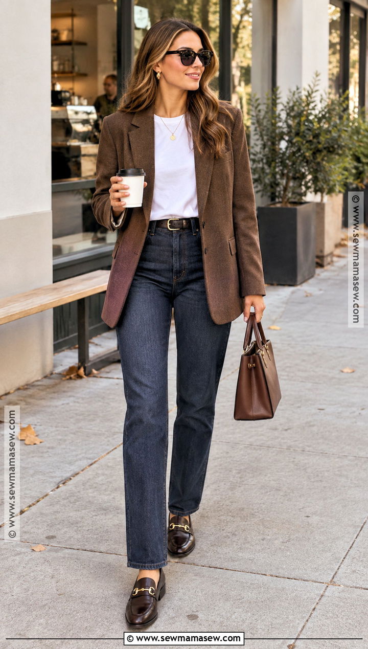 Blazer And Straight Leg Jeans Coffee Outfit - 20 Fall Coffee Outfit Ideas
