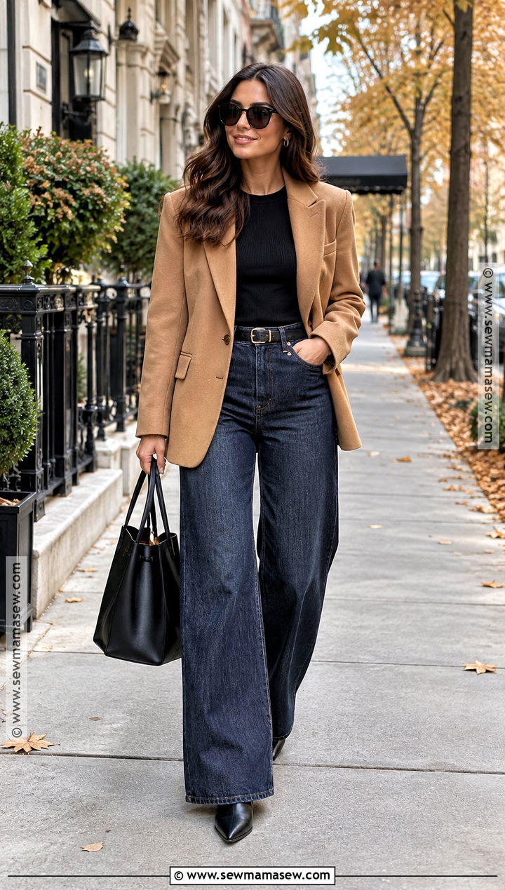 Blazer And Wide Leg Jeans Fall Outfit - 20 Fall Outfits For Mid Size for Women