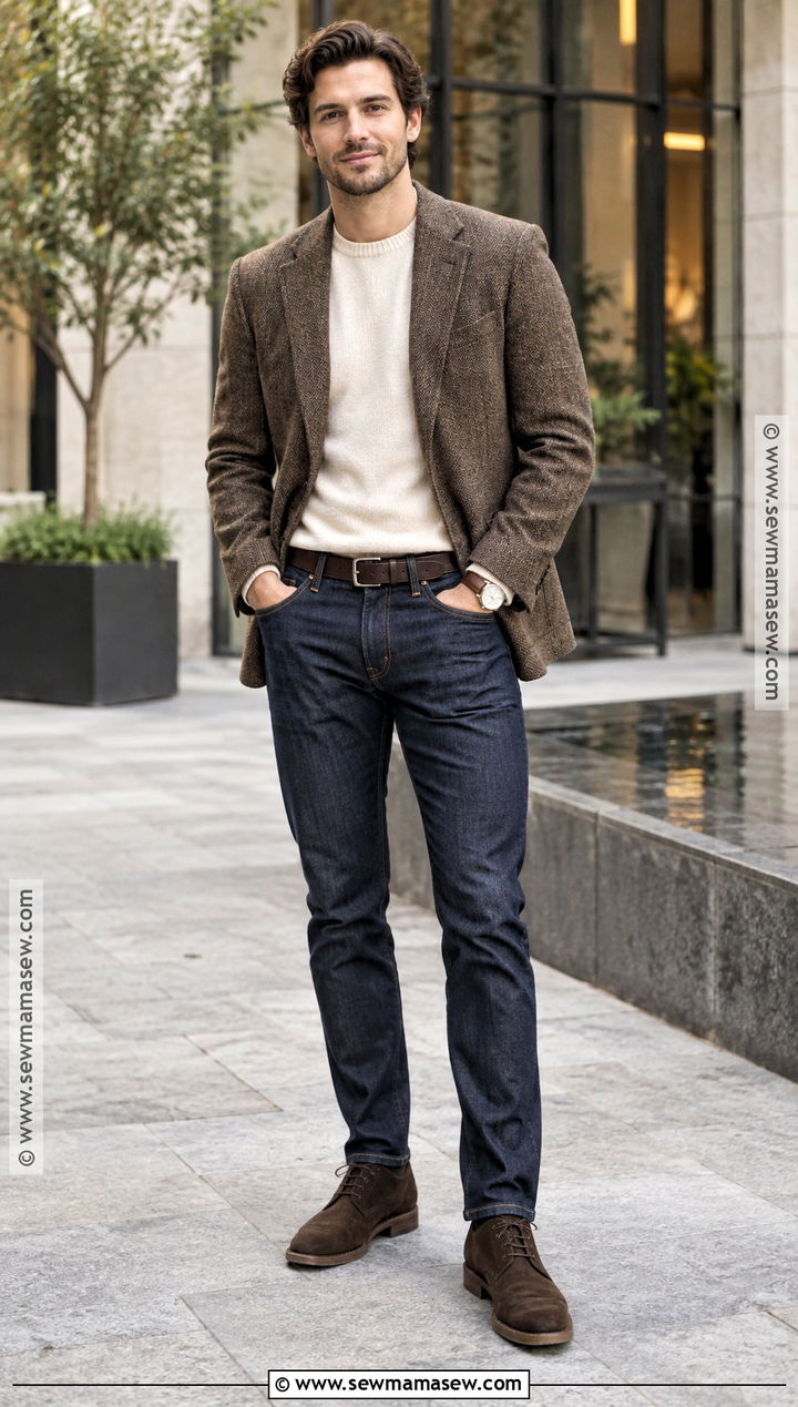 Blazer Autumn Outfit With Dark Jeans - 25 autumn outfits men casual