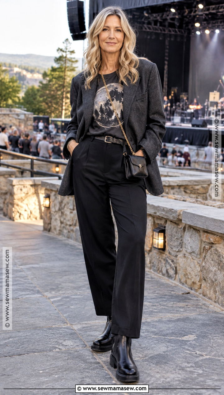 Blazer Band Tee Trousers Boots Outfit - 15 fall outside concert outfit ideas