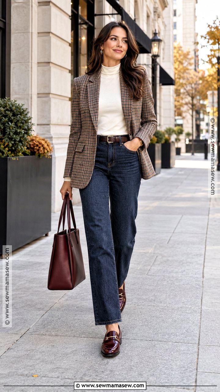 Blazer Fall Outfit With Mock Neck Top And Jeans - 20 Cozy Fall Fashion Ideas