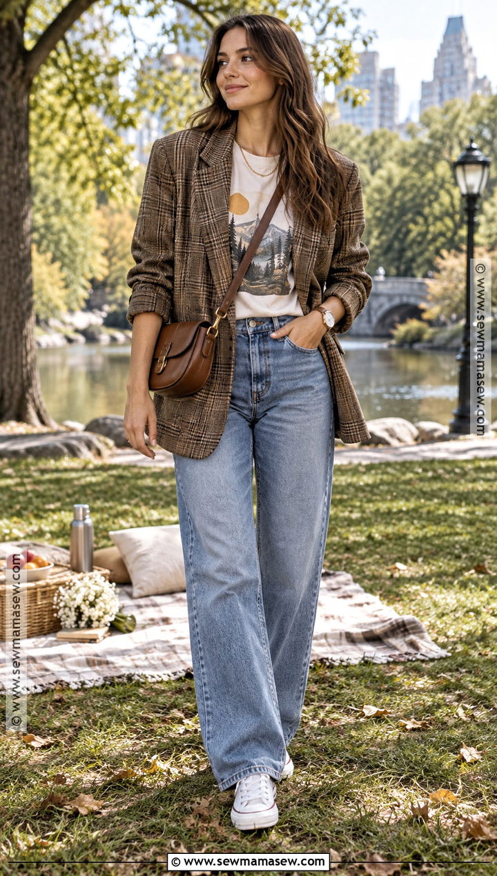 Blazer Fall Picnic Outfit With A T Shirt And Jeans - 20 picnic outfit fall ideas