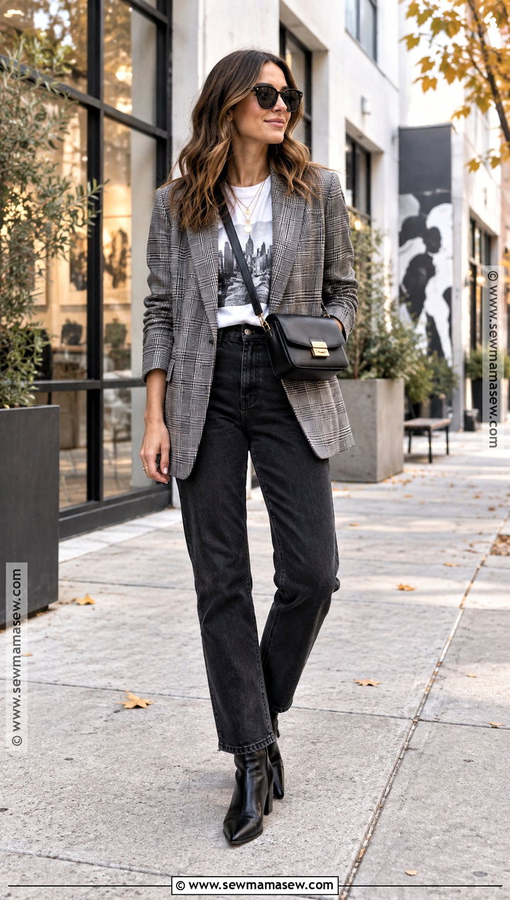 Blazer Graphic T Shirt Black Jeans And Ankle Boots Fall Outfit - 25 fall fit ideas