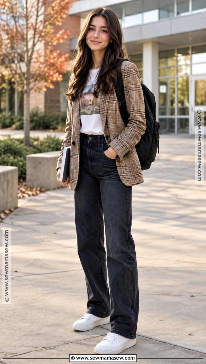 Blazer Graphic Tee And Jeans School Outfit - 15 casual school fall outfits