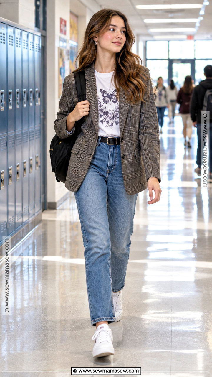 Blazer Graphic Tee And Straight Jeans Outfit - 20 back to school outfits junior year