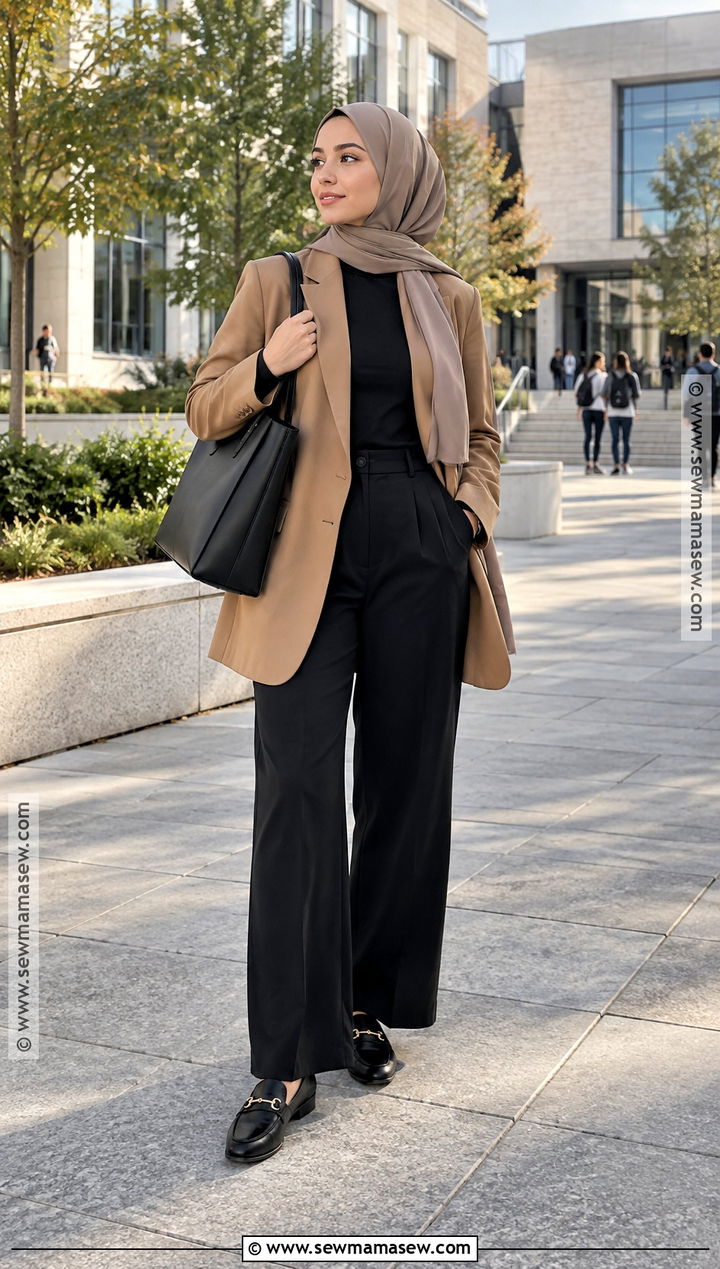 Blazer Hijab Outfit With Wide Leg Trousers - 20 back to school hijab outfits