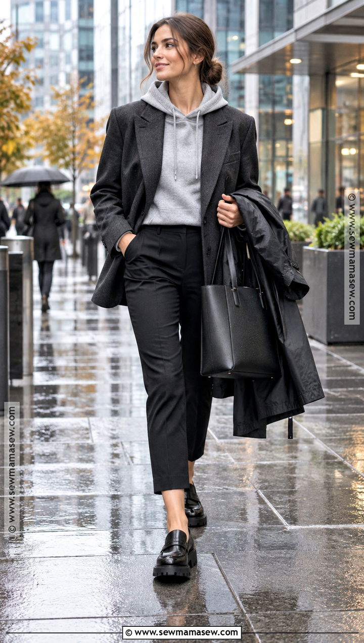 Blazer Hoodie Ankle Pants And Waterproof Loafers Outfit - 25 autumn rainy day outfit ideas